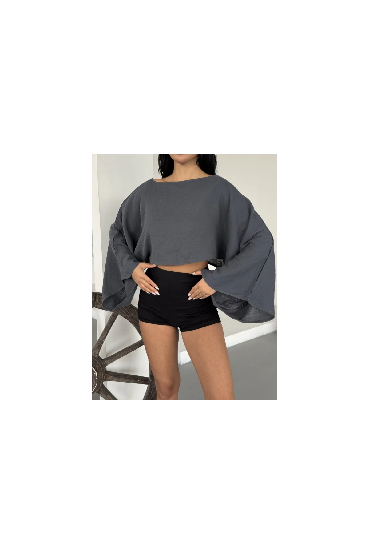 Kadın Antrasit Panço Model Müslin Bluz HZL25S-DSB16161