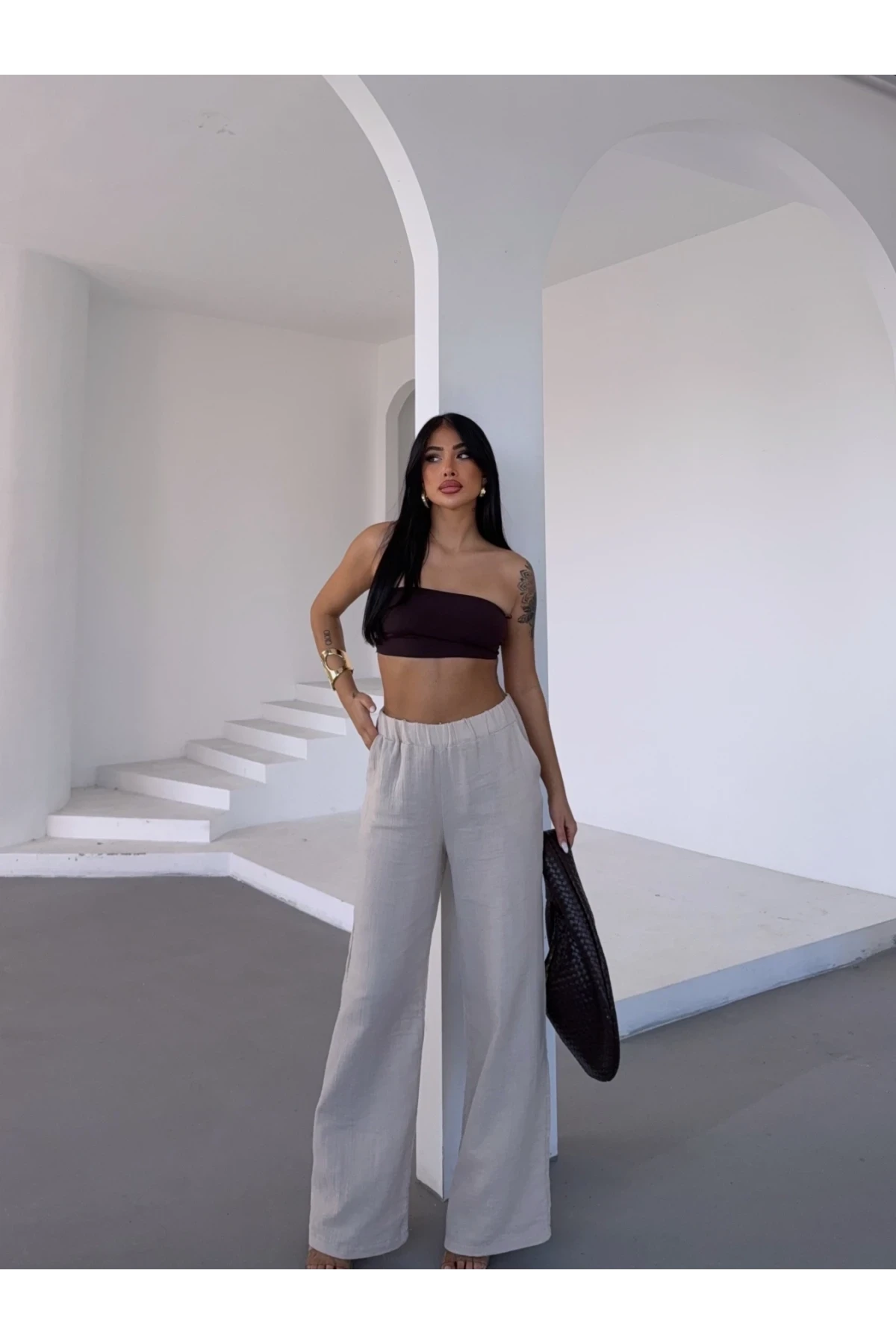 Kadın Bej Beli Lastikli Müslin Kumaş Bol Paça Pantolon HZL25S-DSB12221