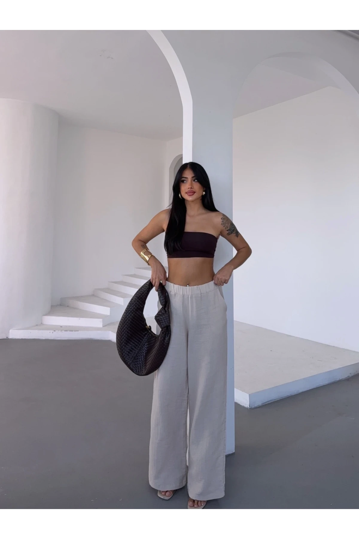 Kadın Bej Beli Lastikli Müslin Kumaş Bol Paça Pantolon HZL25S-DSB12221