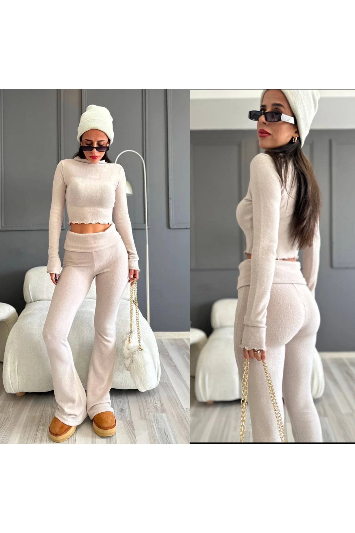 Kadın Bej Bel Katlamalı İspanyol İkili Yumoş Takım HZL25W-ZK13501