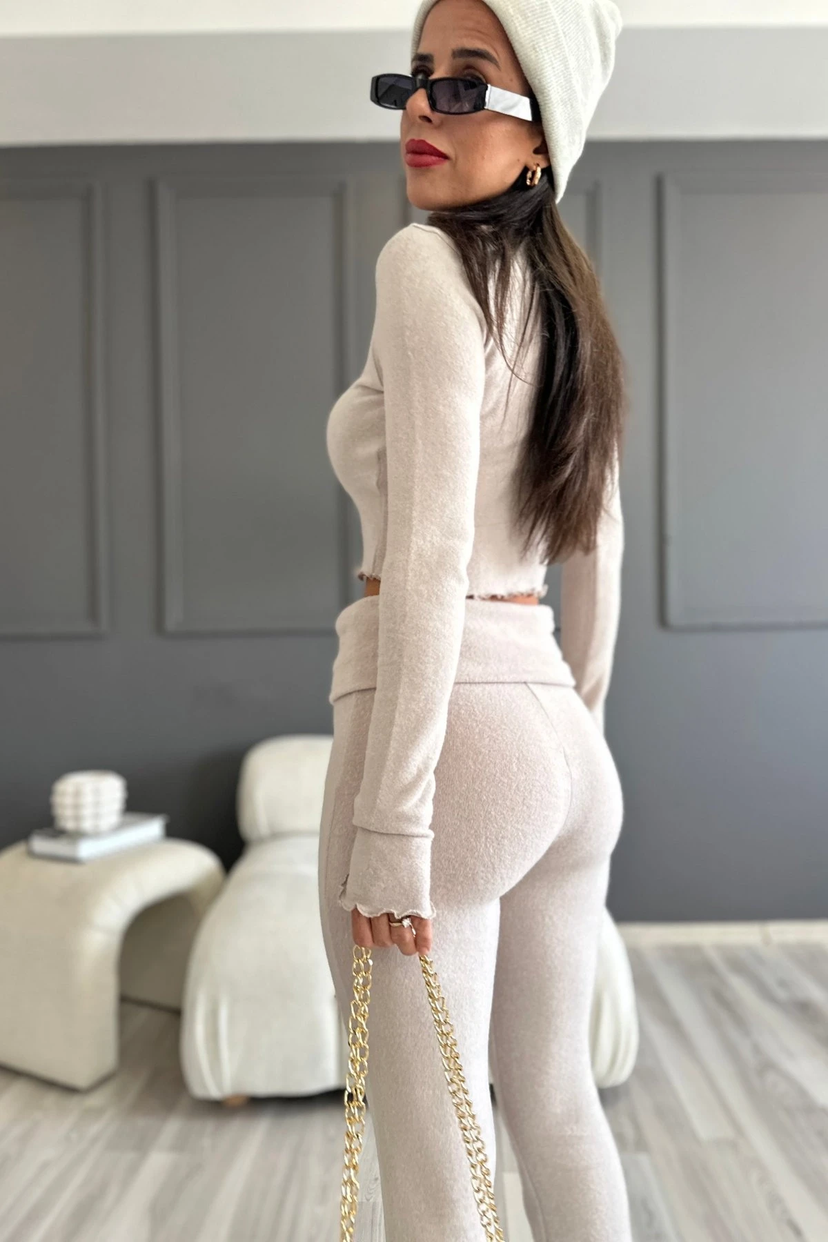 Kadın Bej Bel Katlamalı İspanyol İkili Yumoş Takım HZL25W-ZK13501