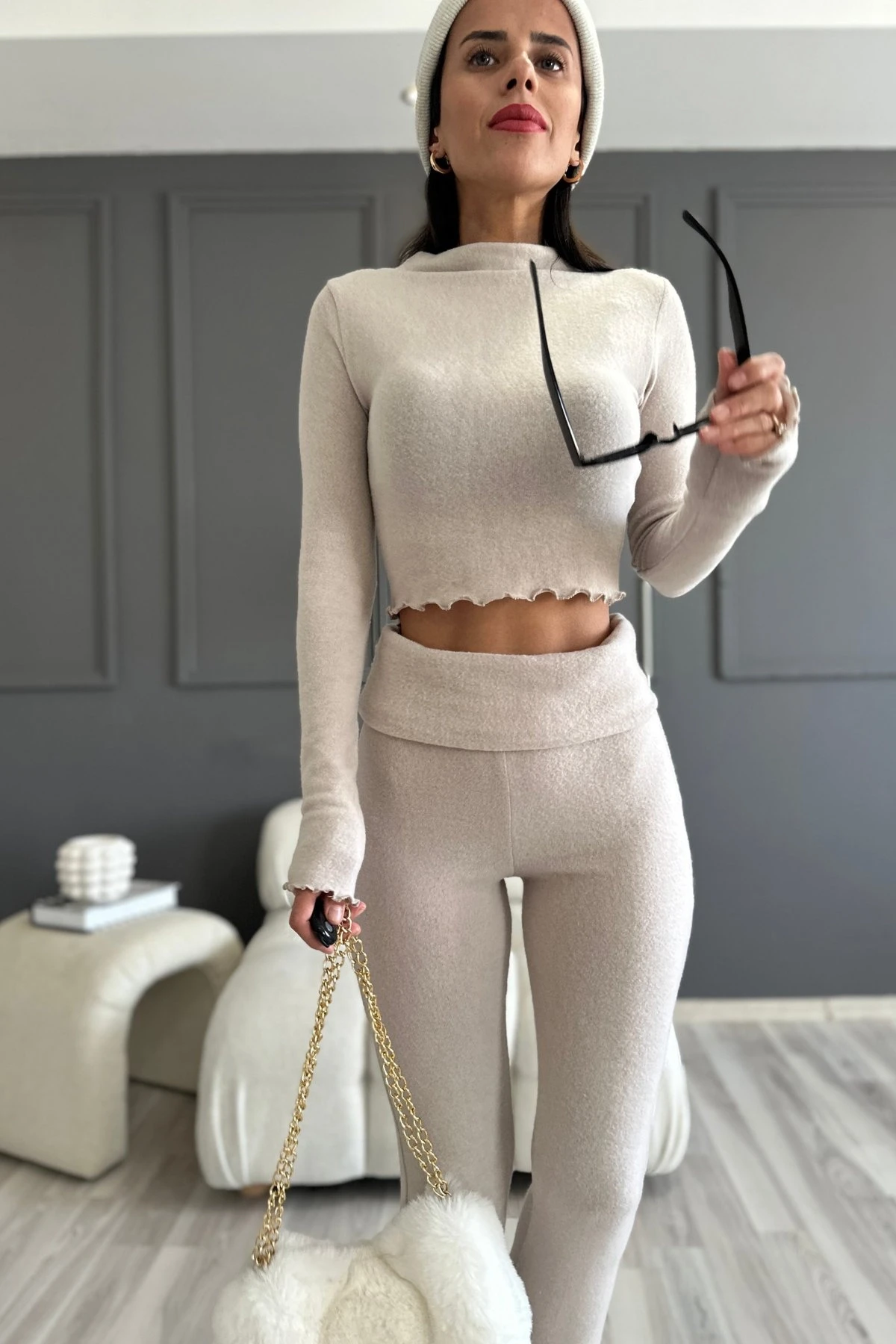 Kadın Bej Bel Katlamalı İspanyol İkili Yumoş Takım HZL25W-ZK13501