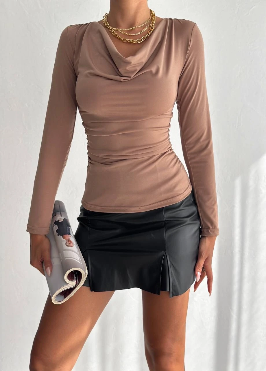 Kadın Bej Degaje Yaka Yandan Büzgülü Uzun Kol Sandy Bluz HZL24W-FRY122481