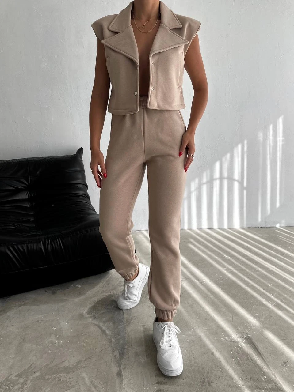Kadın Bej Manşet Yaka İçi Şardonlu Yelekli Eşofman Takımı HZL25W-FRY122281
