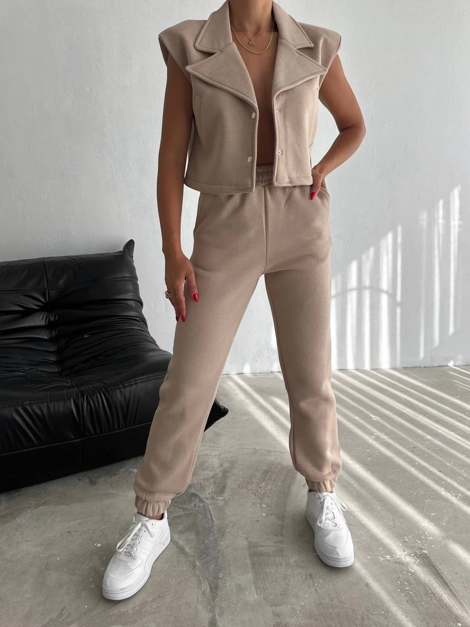 Kadın Bej Manşet Yaka İçi Şardonlu Yelekli Eşofman Takımı HZL25W-FRY122281
