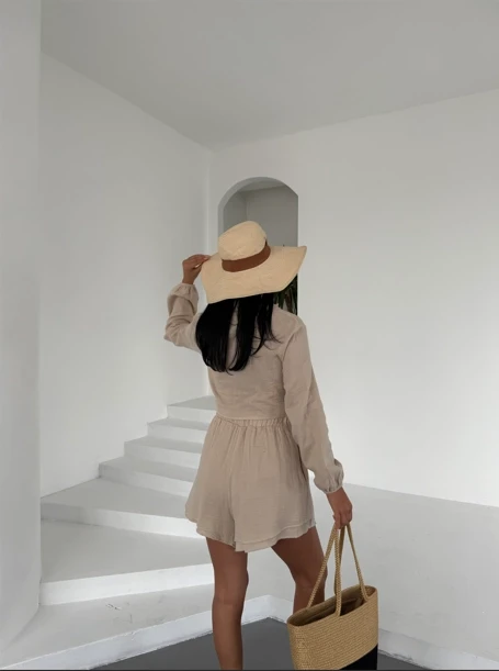 Kadın Bej Müslin Keten Şort Gömlek Alt Üst Takım HZL25S-DSB1012