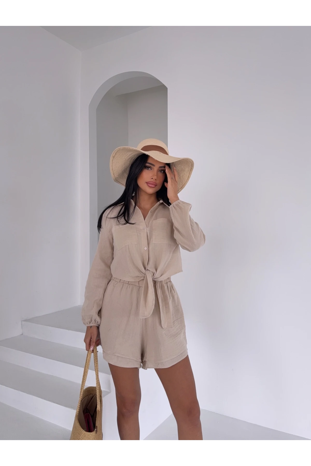 Kadın Bej Müslin Keten Şort Gömlek Alt Üst Takım HZL25S-DSB1012
