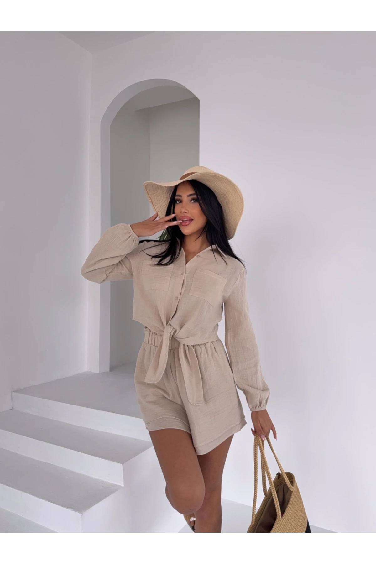 Kadın Bej Müslin Keten Şort Gömlek Alt Üst Takım HZL25S-DSB1012