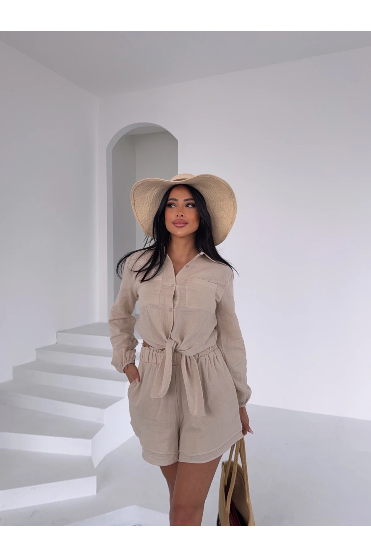 Kadın Bej Müslin Keten Şort Gömlek Alt Üst Takım HZL25S-DSB1012