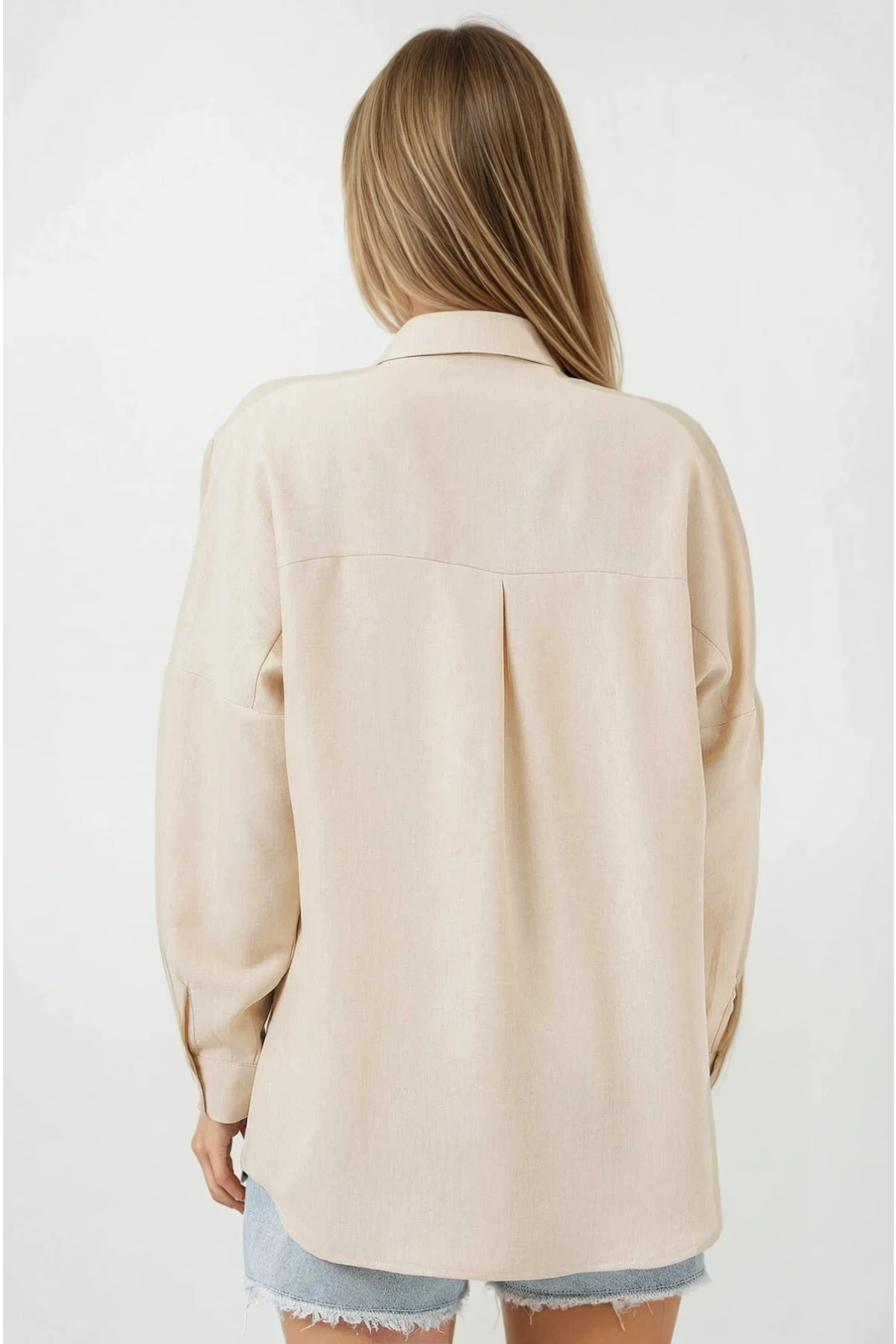 Kadın Bej Oversize Çift Cepli Keten Gömlek HZL22S-BD1201261