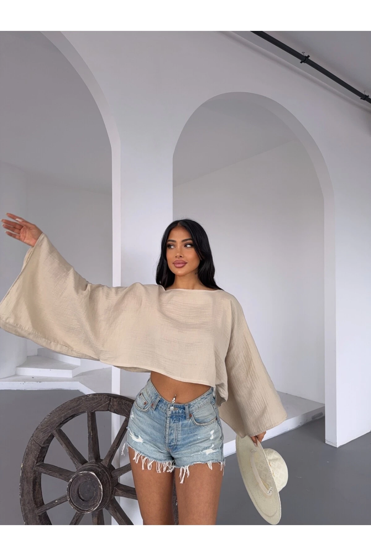 Kadın Bej Panço Model Müslin Bluz HZL25S-DSB16161