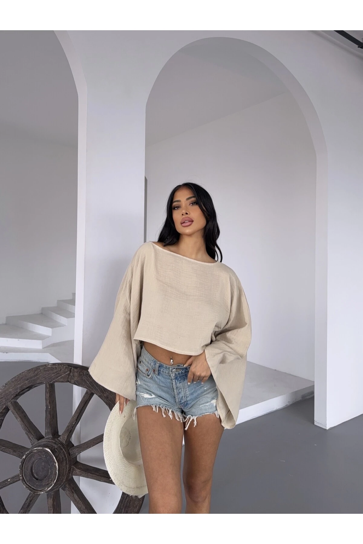 Kadın Bej Panço Model Müslin Bluz HZL25S-DSB16161