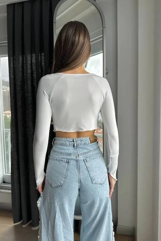 Kadın Beyaz Asimetrik Kesim Önü Bağlamalı Crop Tül Bluz HZL24S-ZK12281