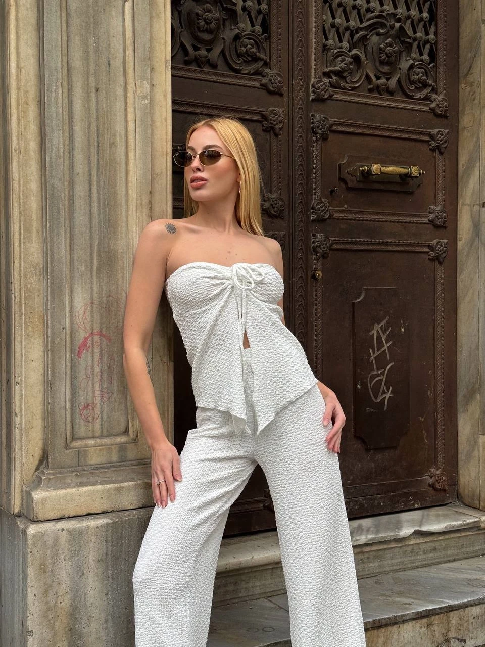 Kadın Beyaz Boyundan Bağlamalı Staplez Bluz HZL25S-ZK13581