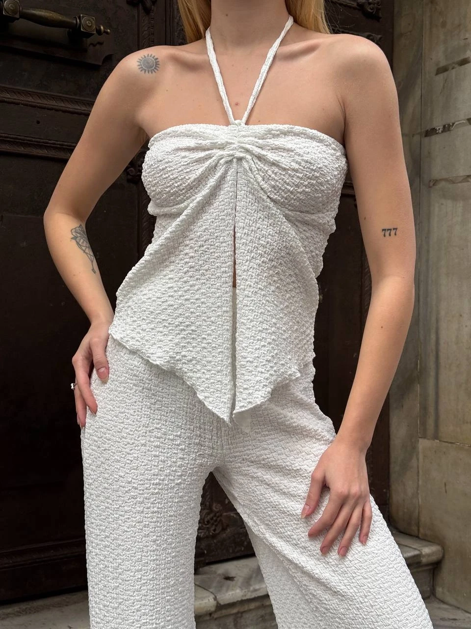 Kadın Beyaz Boyundan Bağlamalı Staplez Bluz HZL25S-ZK13581