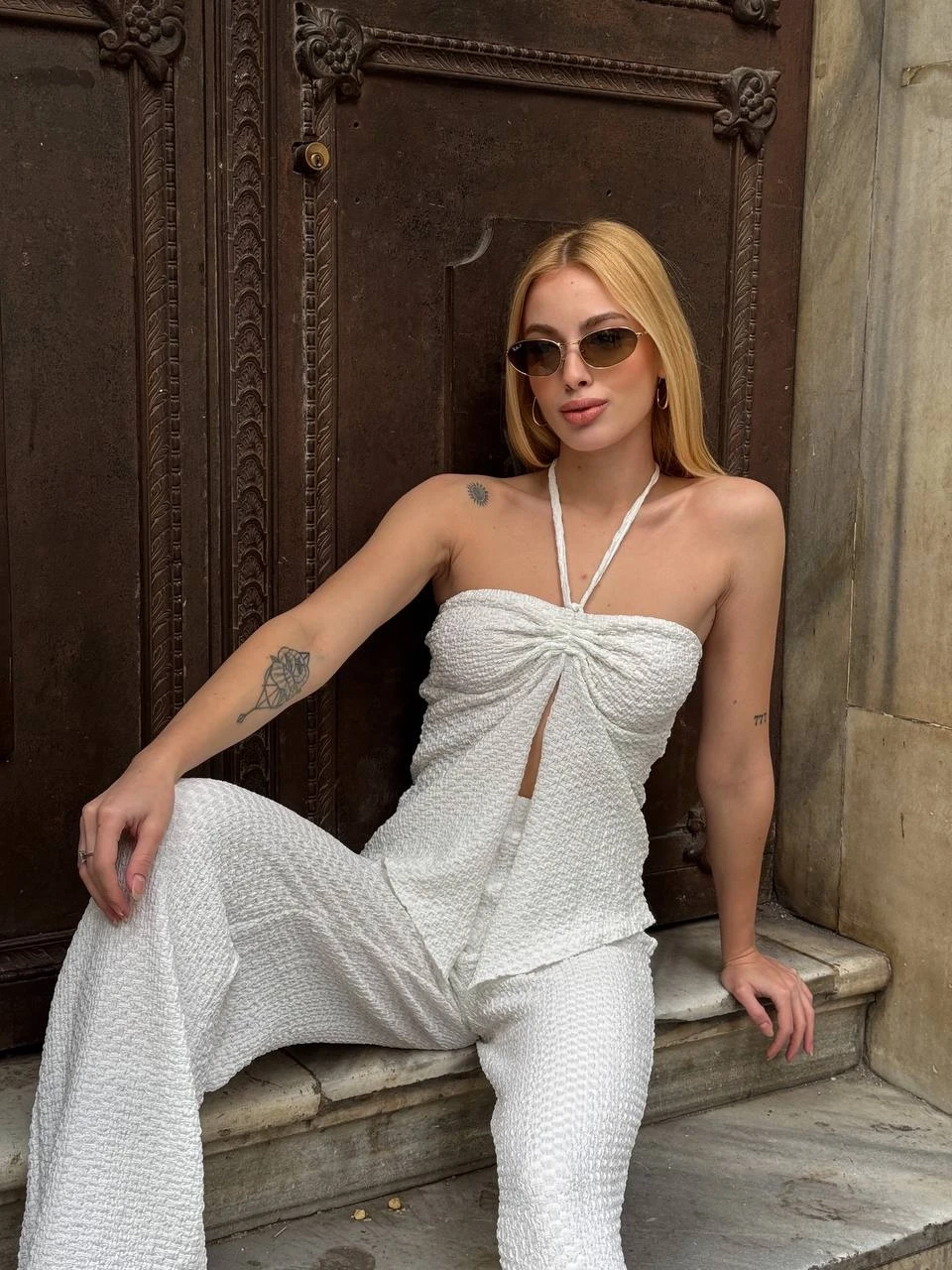 Kadın Beyaz Boyundan Bağlamalı Staplez Bluz HZL25S-ZK13581