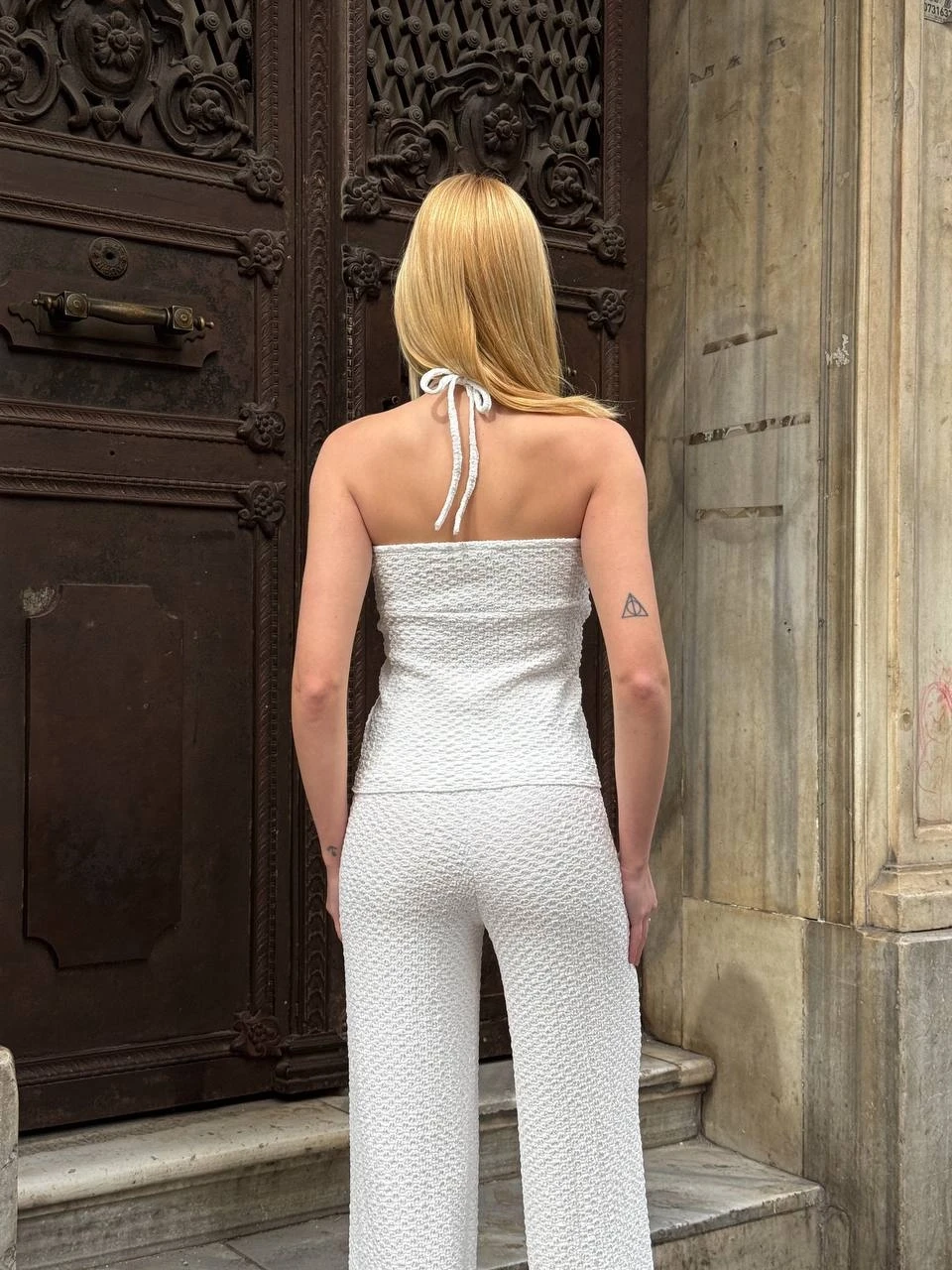 Kadın Beyaz Boyundan Bağlamalı Staplez Bluz HZL25S-ZK13581