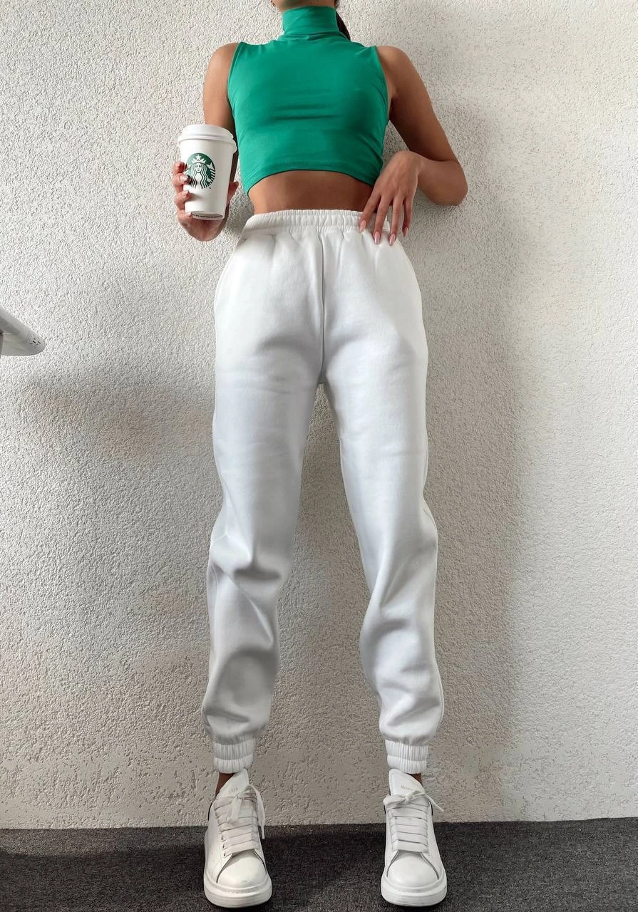 Kadın Beyaz Cepli Beli Paçası Lastikli 3 İplik Şardonlu Eşofman Altı HZL24W-ZK12321