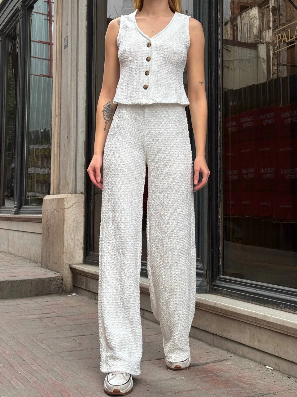 Kadın Beyaz Gofre Kumaş Yelek Pantolon İkili Takım HZL25S-ZK13591