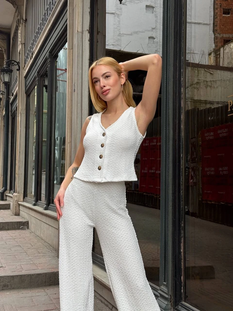 Kadın Beyaz Gofre Kumaş Yelek Pantolon İkili Takım HZL25S-ZK13591