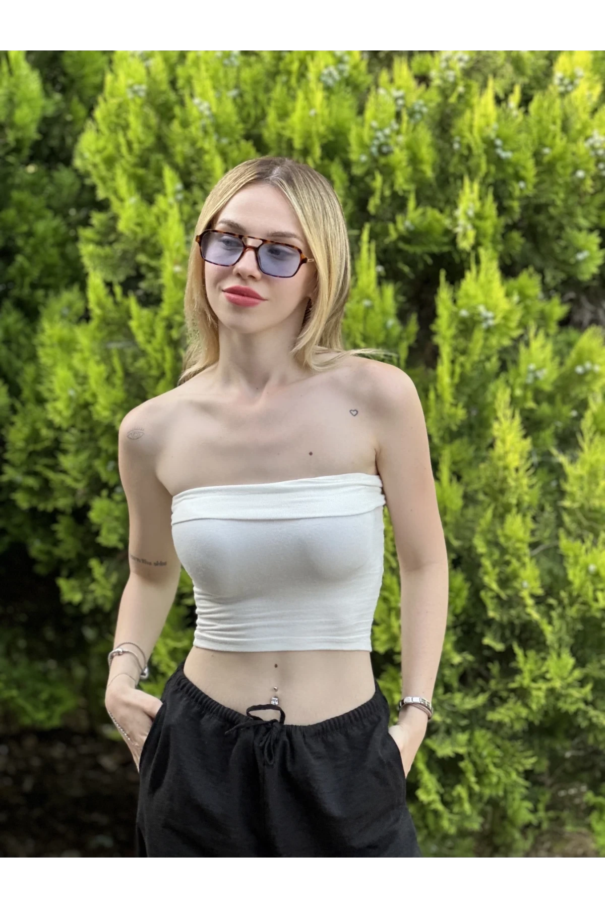 Kadın Beyaz Katlamalı Straplez Bluz HZL24S-ZK11301