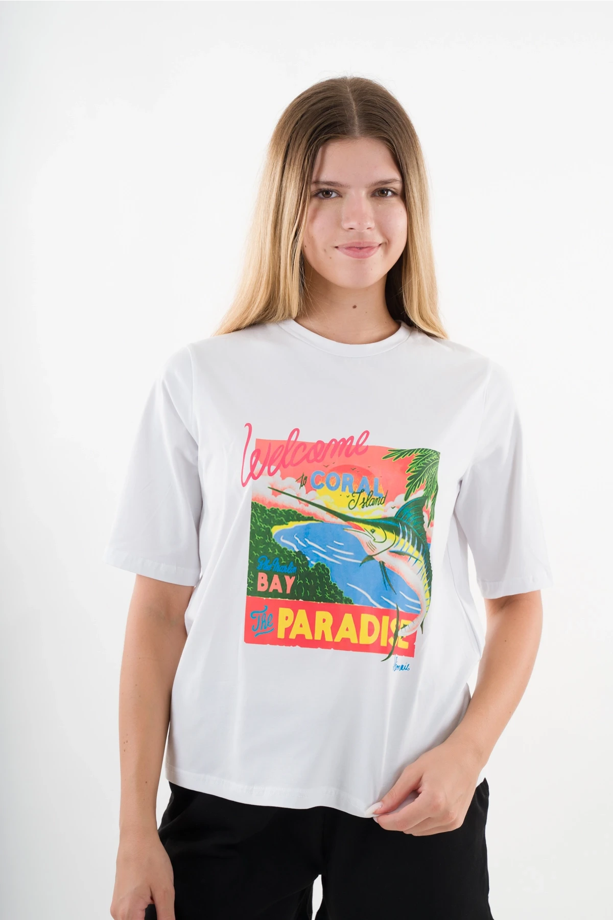 Kadın Beyaz Paradise Baskılı Bisiklet Yaka T-Shirt HZL24S-YY302