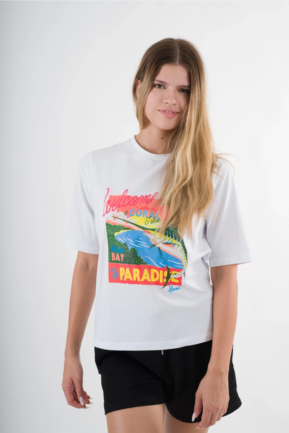 Kadın Beyaz Paradise Baskılı Bisiklet Yaka T-Shirt HZL24S-YY302