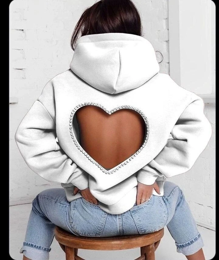 Kadın Beyaz Sırtı Kalp Kesim Taşlı Kapüşonlu Oversize Sweatshirt HZL25W-DSB12701
