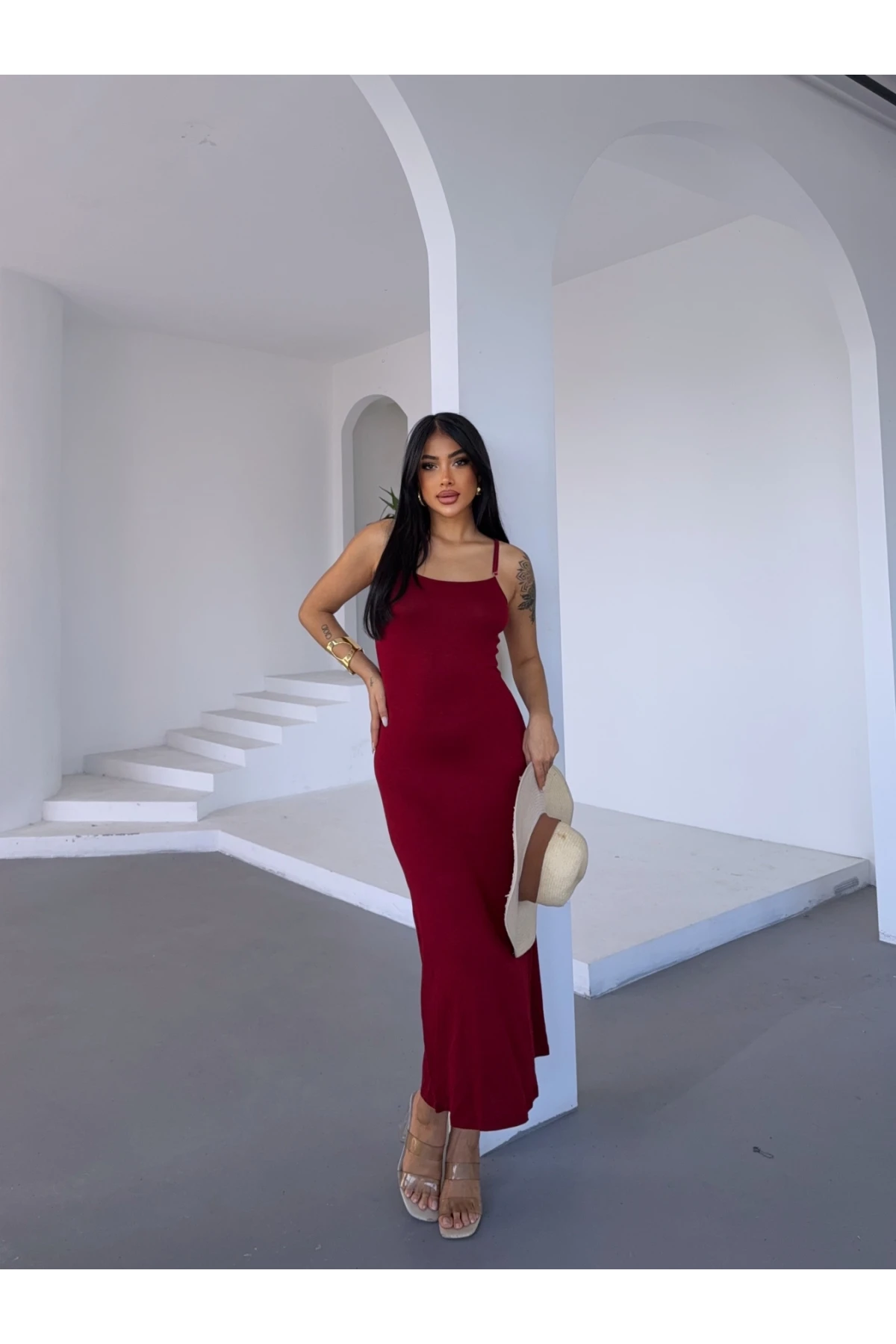 Kadın Bordo Ayarlanabilir Askılı Midi Boy Elbise HZL25S-FRY122921