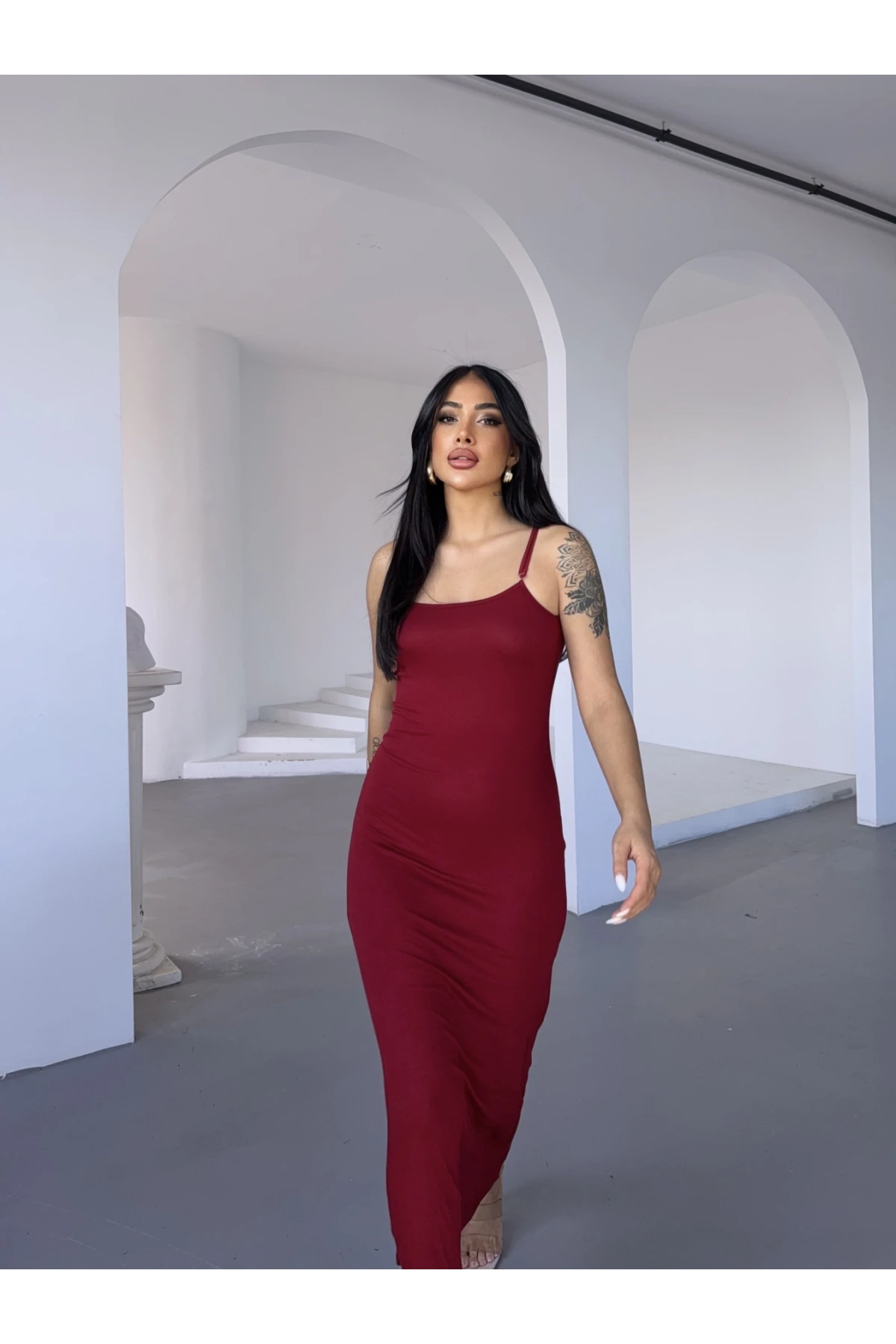 Kadın Bordo Ayarlanabilir Askılı Midi Boy Elbise HZL25S-FRY122921