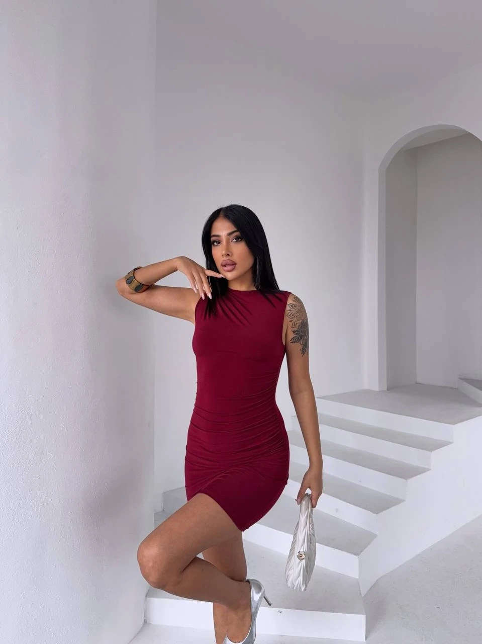 Kadın Bordo Beli Drapeli Sandy Kumaş Mini Elbise HZL25S-FRY122981