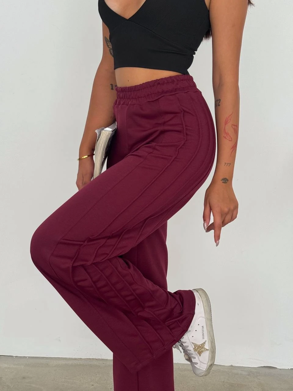 Kadın Bordo Beli Lastikli Şerit Detay 2 iplik Eşofman Altı HZL25S-FRY122251