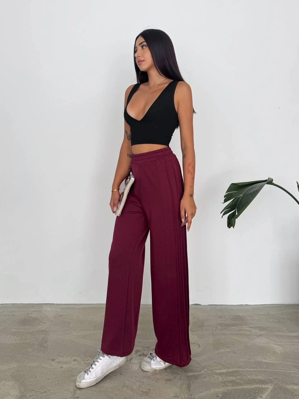 Kadın Bordo Beli Lastikli Şerit Detay 2 iplik Eşofman Altı HZL25S-FRY122251