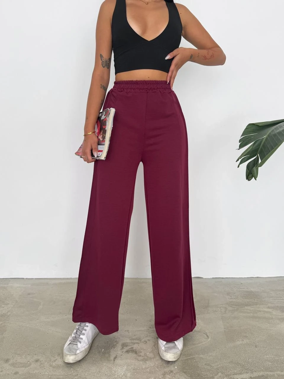 Kadın Bordo Beli Lastikli Şerit Detay 2 iplik Eşofman Altı HZL25S-FRY122251