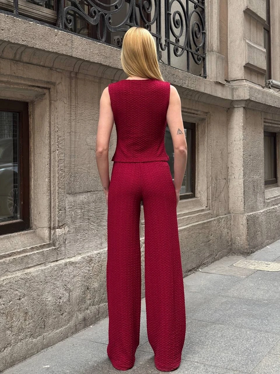 Kadın Bordo Beli Lastilkli Gofre Kumaş Pantolon HZL24S-ZK13261