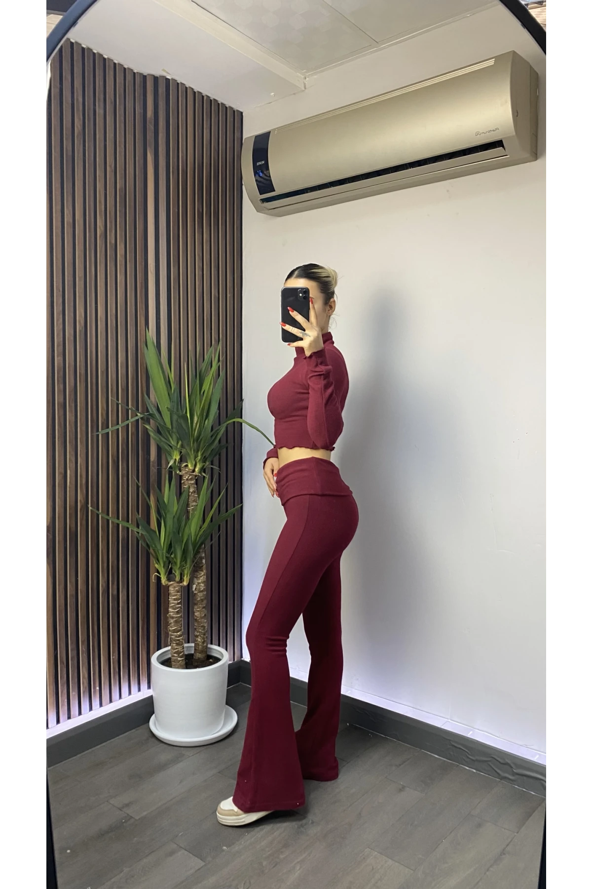 Kadın Bordo Bel Katlamalı İspanyol İkili Yumoş Takım HZL25W-ZK13501