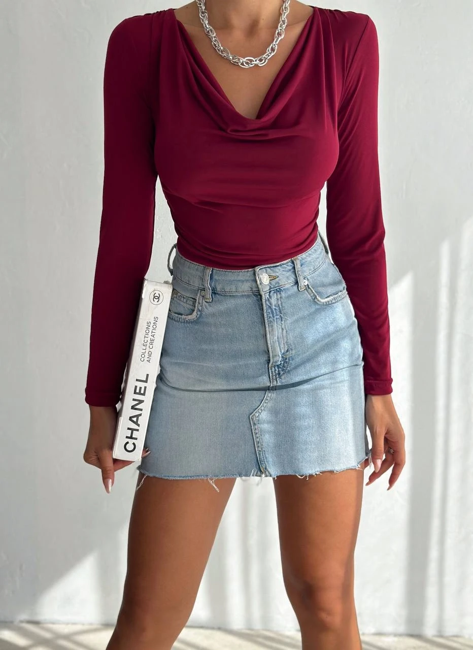 Kadın Bordo Degaje Yaka Yandan Büzgülü Uzun Kol Sandy Bluz HZL24W-FRY122481