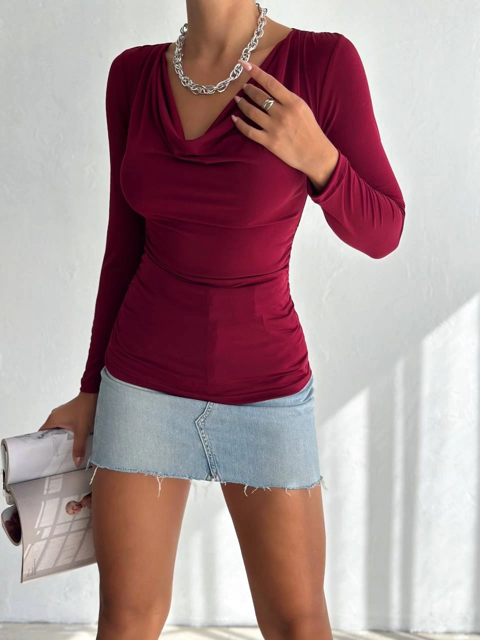 Kadın Bordo Degaje Yaka Yandan Büzgülü Uzun Kol Sandy Bluz HZL24W-FRY122481