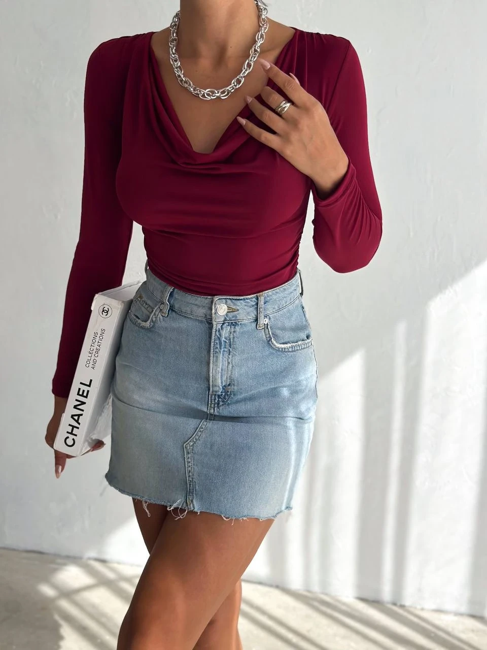 Kadın Bordo Degaje Yaka Yandan Büzgülü Uzun Kol Sandy Bluz HZL24W-FRY122481