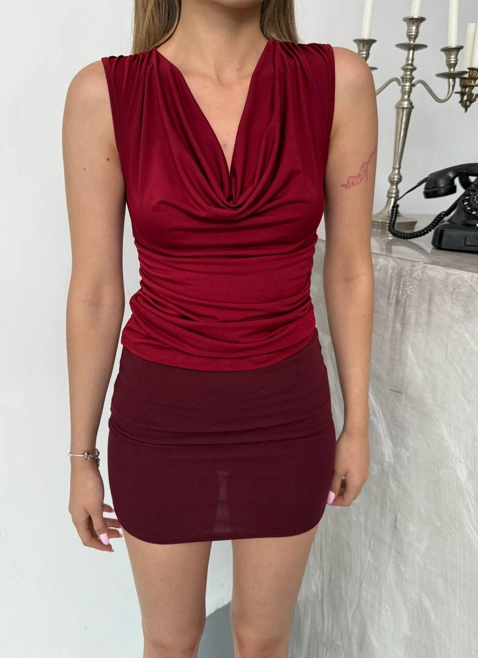 Kadın Bordo Degaje Yaka Yanlardan Drapeli Sandy Bluz HZL25S-FRY123131