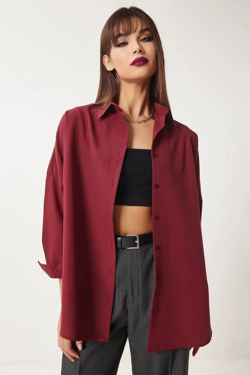 Kadın Bordo Geniş Kalıp Uzun Basic Gömlek HZL24W-BD139001