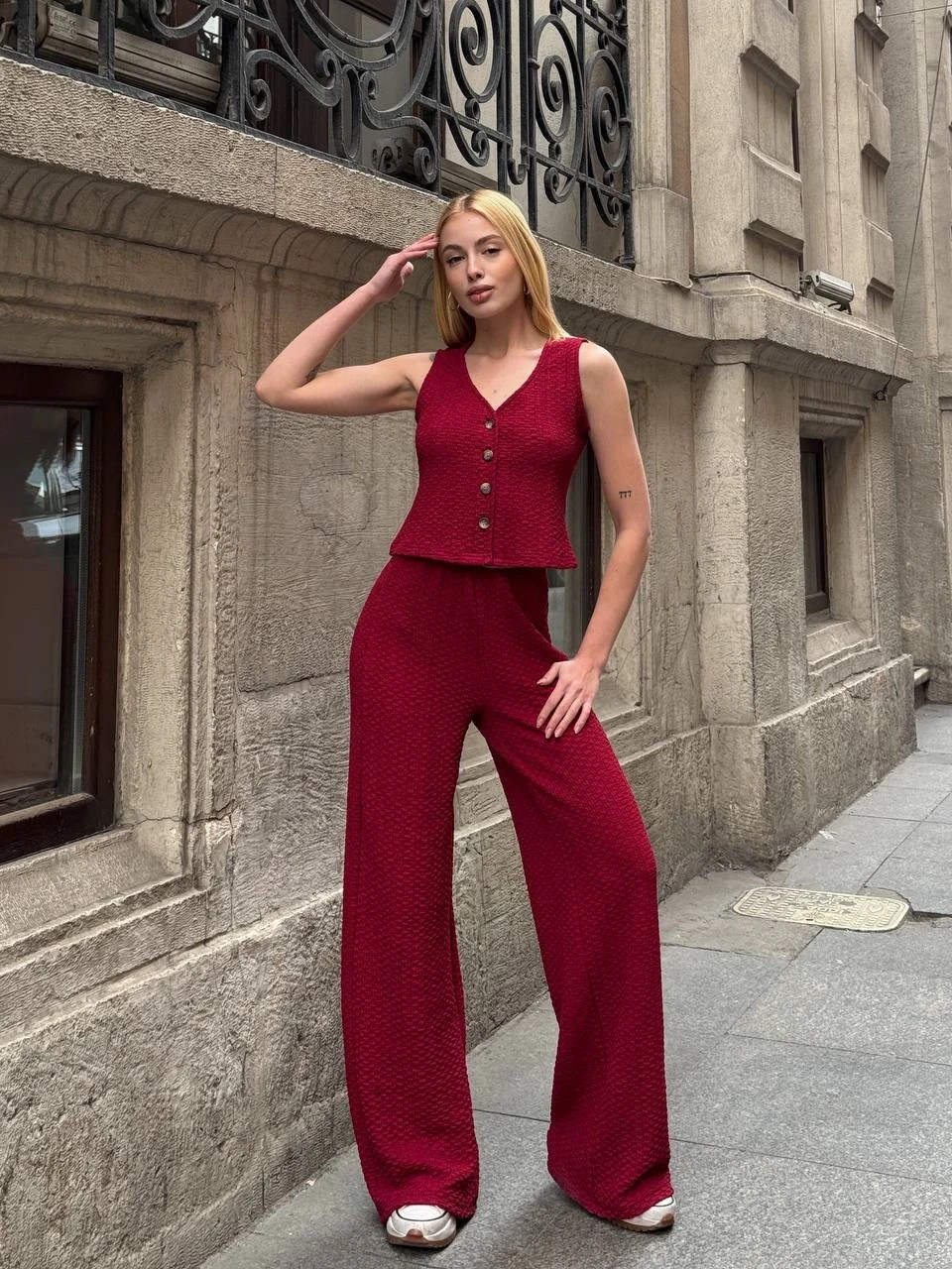 Kadın Bordo Gofre Kumaş Yelek Pantolon İkili Takım HZL25S-ZK13591