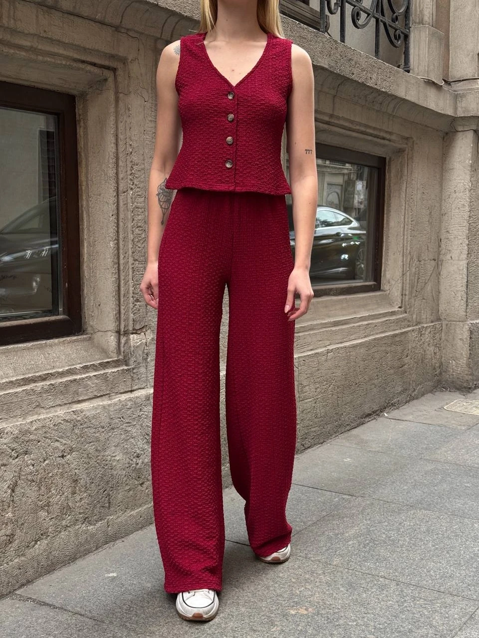 Kadın Bordo Gofre Kumaş Yelek Pantolon İkili Takım HZL25S-ZK13591