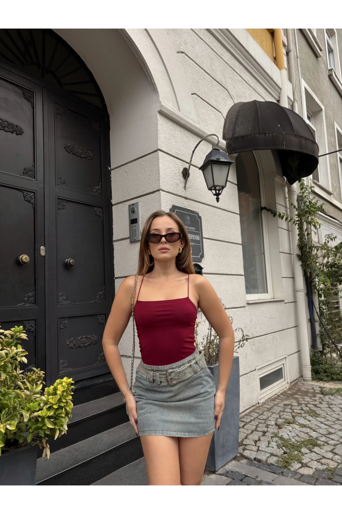 Kadın Bordo İp Askılı Örme Body Bluz HZL24S-ZK11001