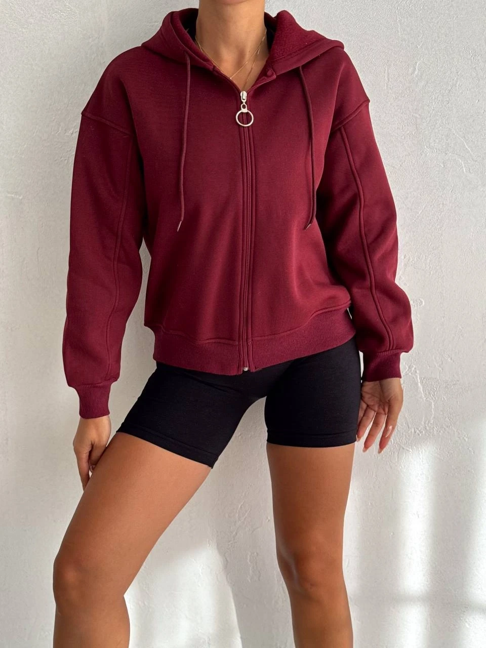 Kadın Bordo Kapüşonlu Fermuarlı Şardonlu Sweatshirt HZL24W-FRY122561