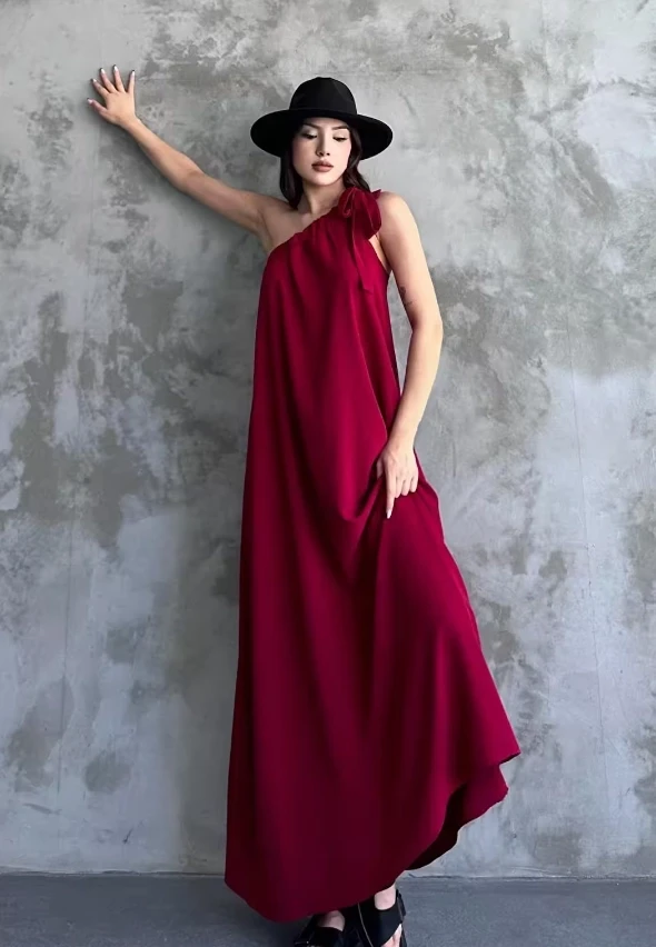 Kadın Bordo Omuzdan Bağlamalı Maxi Boy Dokuma Elbise HZL22S-DSB110031