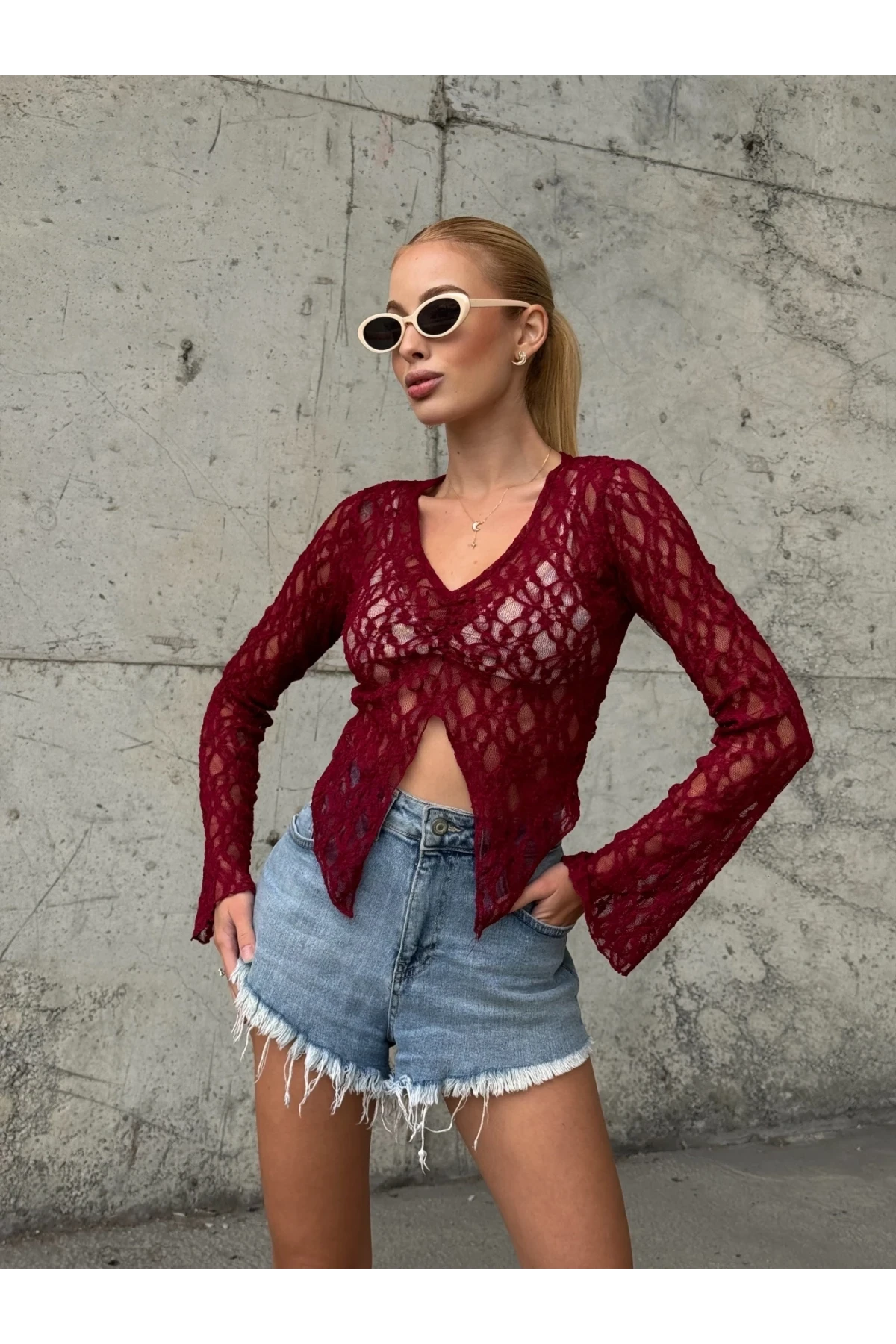 Kadın Bordo Önü Büzgülü İspanyol Kol Tül Bluz HZL24S-ZK13381