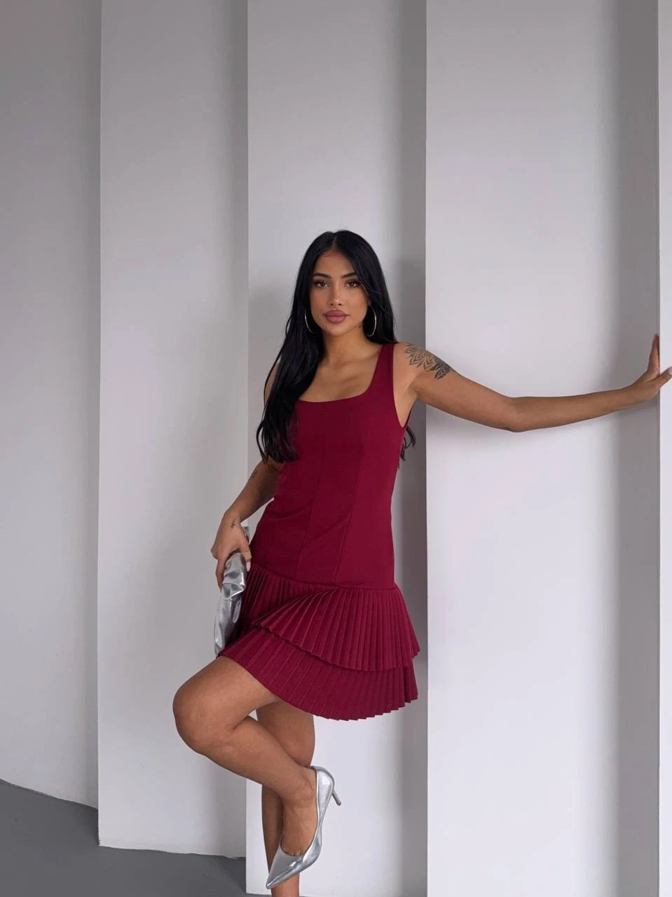 Kadın Bordo Pileli Şortlu Mini Elbise HZL25S-FRY122991