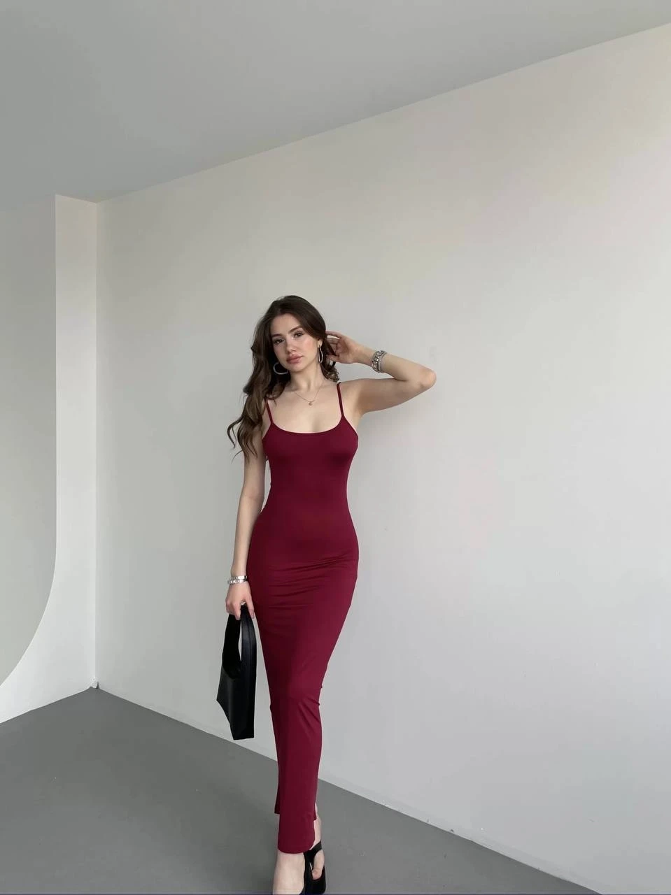 Kadın Bordo Sırtı Açık Yumuşak Dokulu Elbise HZL25S-ZK13281