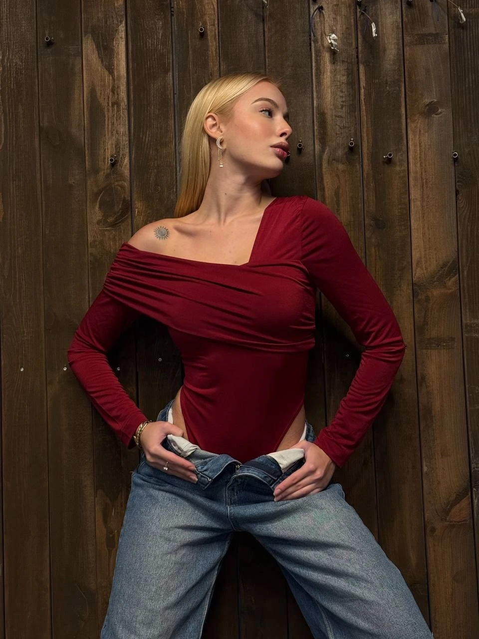 Kadın Bordo Tek Omuz Asimetrik Kesim Bodysuit HZL25W-ZK11521